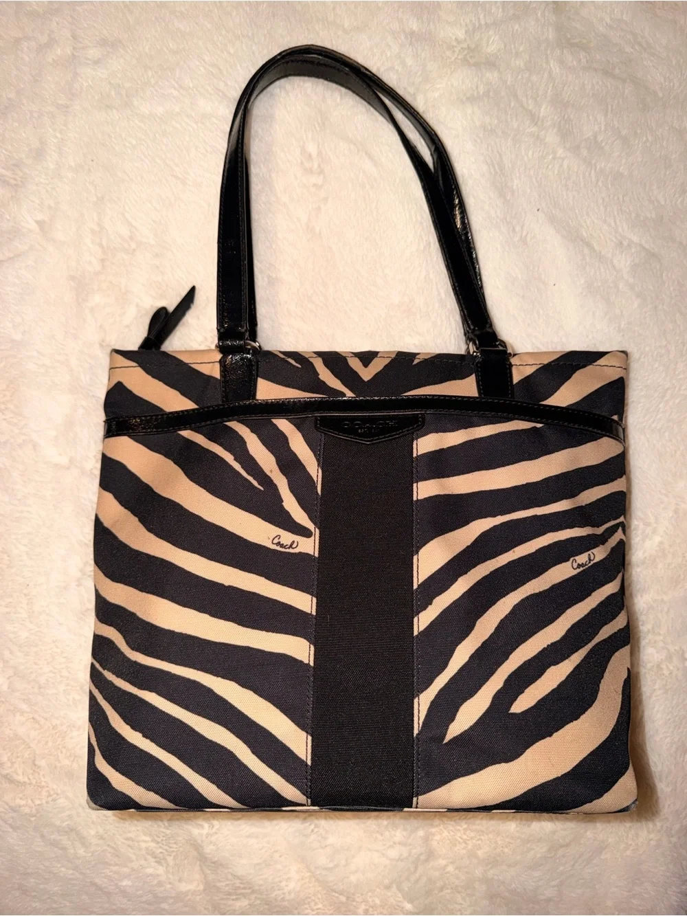 Coach Zebra-Print Canvas Tote in Black and Cream